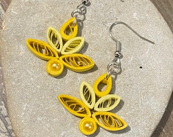 Yellow lotus orchid flower quilling earrings duo