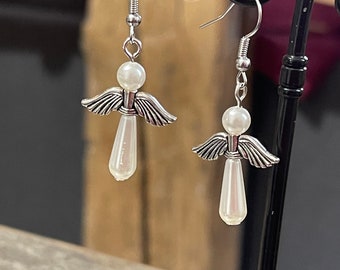 Silver dangling earrings, little Christmas angel with wings and white pearly beads