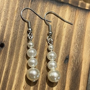 White pearl trio wedding dangling earrings