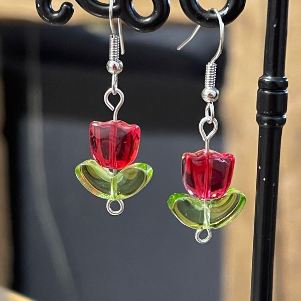 Silver earrings with red tulip flowers