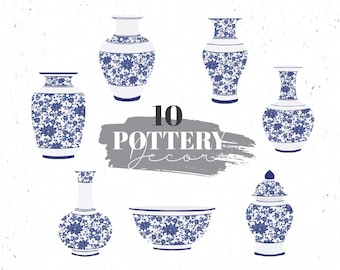 Clipart de cerámica, Jarrones Chinoiserie Imprimibles, Clipart de jarrón, Chinoiserie imprimible, Chinoiserie print, Chinoiserie pottery, arte chino azul