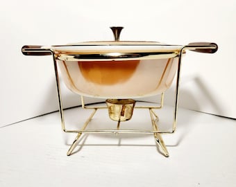 Brass & Wood VTG MCM Atomic Chafing Server w/ Lid Round Fire-King Dish Prop