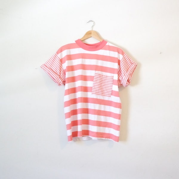 vintage oversized tee - 80s stripey pocket tee - orange striped t-shirt