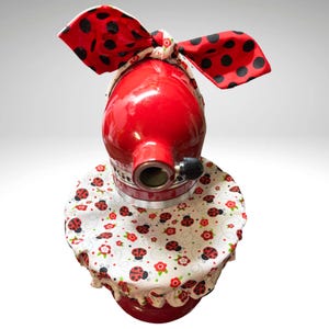 Mixer Reversible Bowl Cover and Matching Elastic Bow Outfit for Stand Mixer | Ladybug Print and Polka Dot Kitchen Decor Accessories