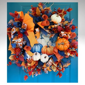 Handmade Fall Pumpkin Wreath: Blue, Orange & White Decor