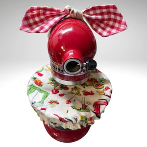 Mixer Reversible Bowl Cover and Matching Elastic Bow Outfit for Stand Mixer | Retro kitchen print with red gingham Kitchen Decor Accessories
