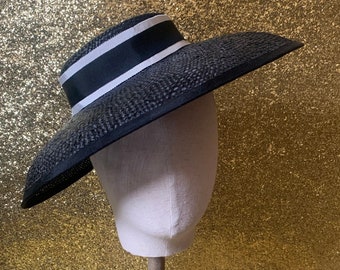 In Stock - 50s inspired black wide brimmed straw sun hat