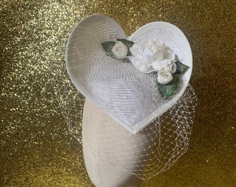 In stock -  40's inspired straw 'sweet heart' tilt bridal cocktail hat with veil and roses