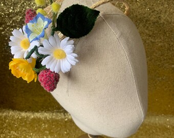 In stock - 1950s style summer straw cocktail hat with fruit & flowers ( back view)