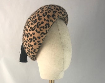 Made to order -  60s inspired animal print formed beret with tassel detail