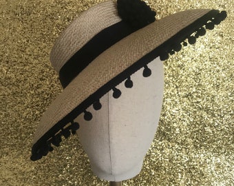 made to order -  40s inspired wide brim boater style straw sun hat with Pompon trim -