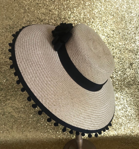 Wide Brim Straw Sun Hat with Black Pom Pom Accent Express Straw Sun Hat Black Trim Pom Pom Wide Brim Beach  main image 3