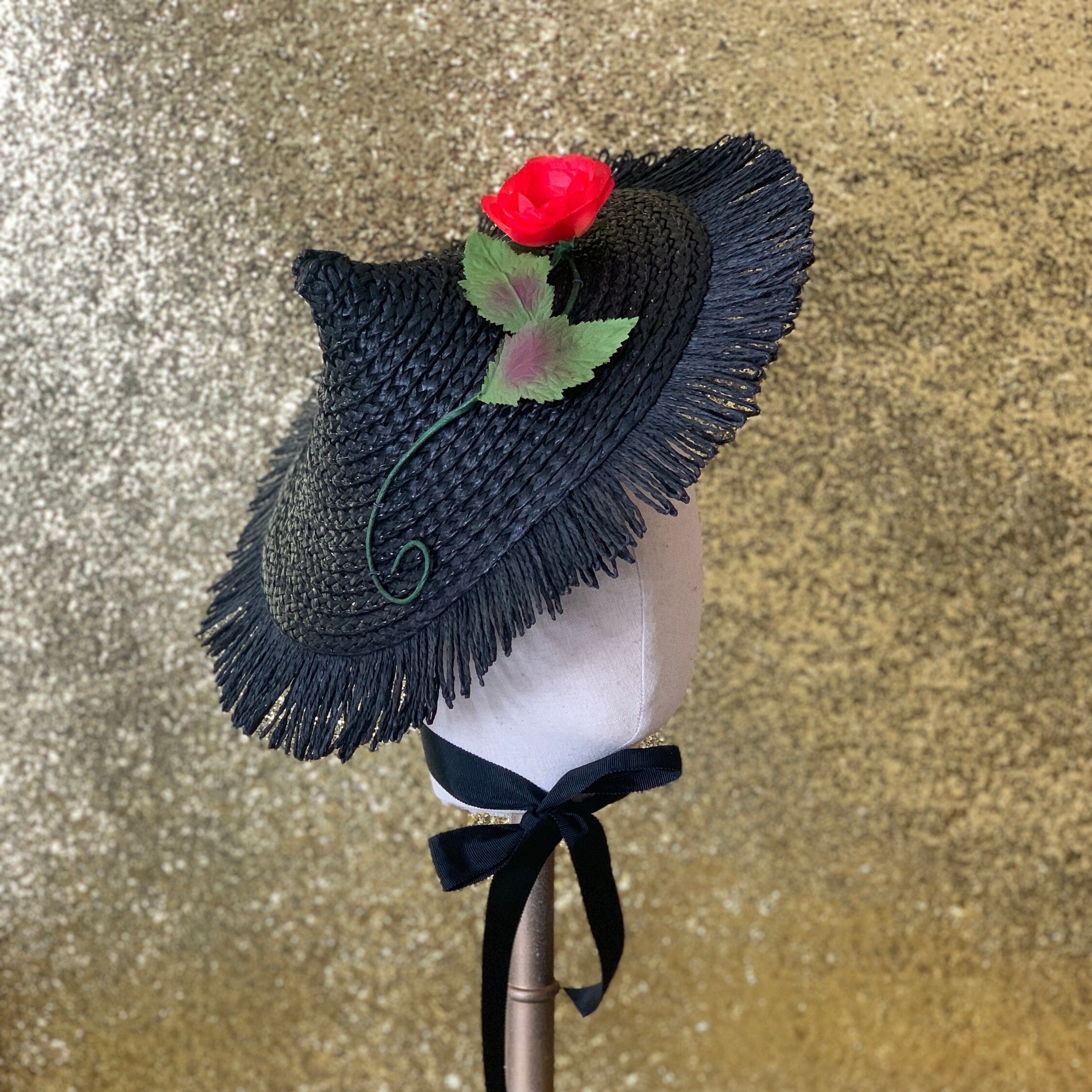 GRACEFUL 1940\'s BLACK FELT WIDE BRIM HAT + GROSGRAIN TRIM + CONICAL SHAPED CROWN 40s Black Velvet Wide Brim Hat With Crocheted Crown – Better  main image 4
