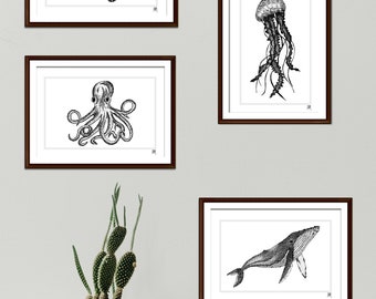 Stippled Marine Life Art Prints | Marine Animals | Turtle Art Print | Octopus Art Print | Whale Art Print | Jellyfish Art Print
