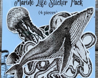 Marine Life Sticker Pack | Marine Animals | Turtle Sticker | Octopus Sticker | Whale Sticker | Jellyfish Sticker