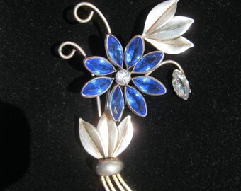 Sterling Silver Floral and Rhinestone Brooch, Large 1950's Brooch