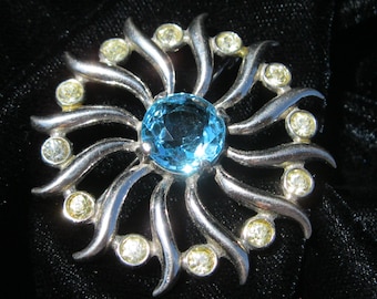 Sterling Silver Brooch with White and Agua Color Paste stones