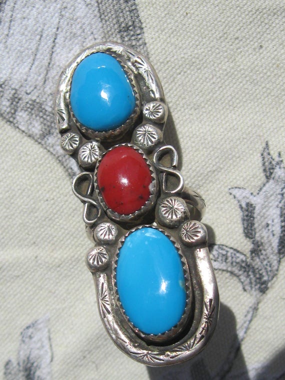 Turquoise and Coral Ring, Sterling Silver , Size 8 - image 4