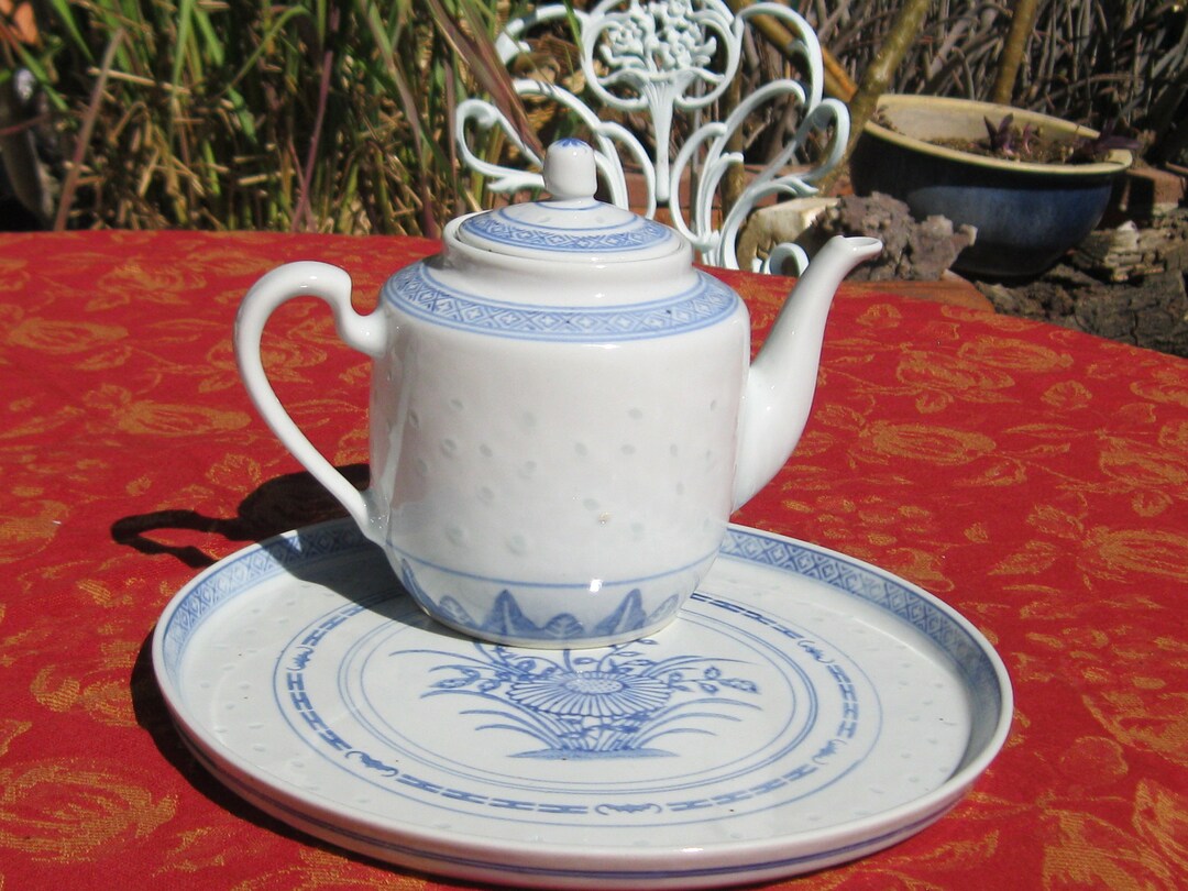 Blue and White Rice Pattern Tea Pot With Matching Sandwich Tray - Etsy UK