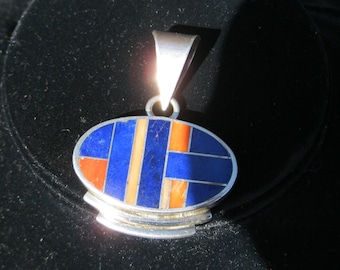 Ray Tracey Intarsia Pendant, Lapis and Coral Inlayed Sterling Silver Pendant