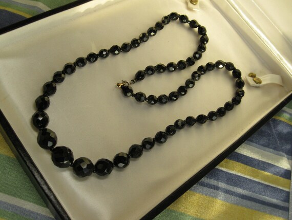 Mid Century Black Faceted Glass Bead Necklace - image 2