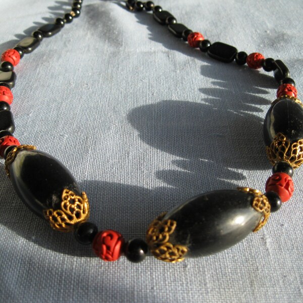 Miriam Haskell Vintage Necklace, Black and Red Carved Cinnabar Beads