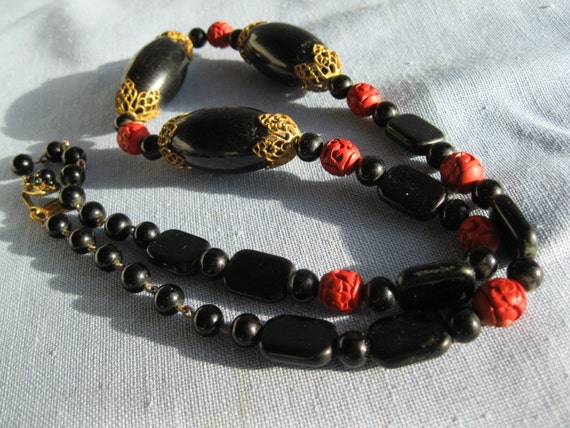 Miriam Haskell Vintage Necklace, Black and Red Ca… - image 5