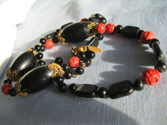 Miriam Haskell Vintage Necklace, Black and Red Ca… - image 3
