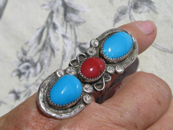 Turquoise and Coral Ring, Sterling Silver , Size 8 - image 5