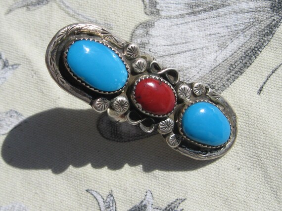 Turquoise and Coral Ring, Sterling Silver , Size 8 - image 1