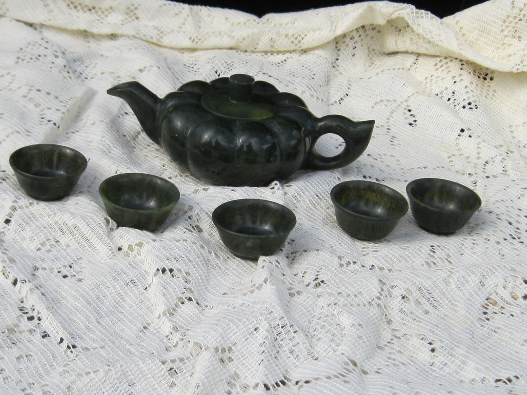 Jade Stone Tea Pot Vintage Nephrite Tea Set Eight Pieces Etsy