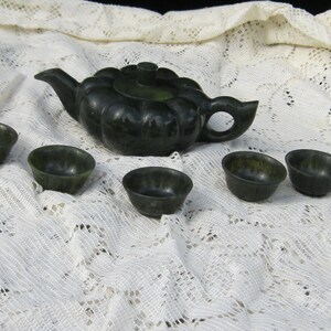 Jade Stone Tea Pot, Vintage Nephrite Tea Set, Eight pieces