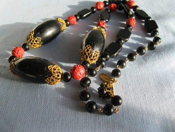 Miriam Haskell Vintage Necklace, Black and Red Ca… - image 4