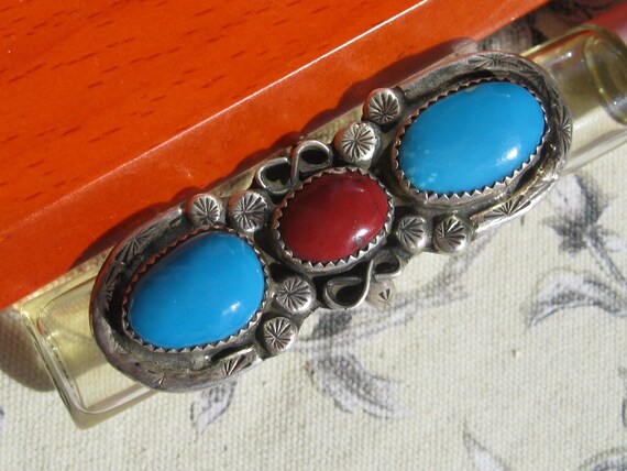 Turquoise and Coral Ring, Sterling Silver , Size 8 - image 2