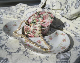 Vintage Porcelain Wild Rose Trinket Box, English Rose and Gold