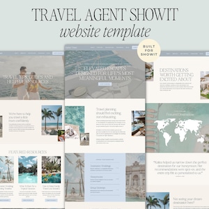 Könnte beinhalten: Eine Website-Vorlage für Reisebüros mit modernem Design. Die Vorlage enthält Abschnitte für Reisetipps, vorgestellte Ressourcen und Reiseziele. Der Text lautet "TRAVEL AGENT SHOWIT website template" und "BUILT FOR SHOWIT".