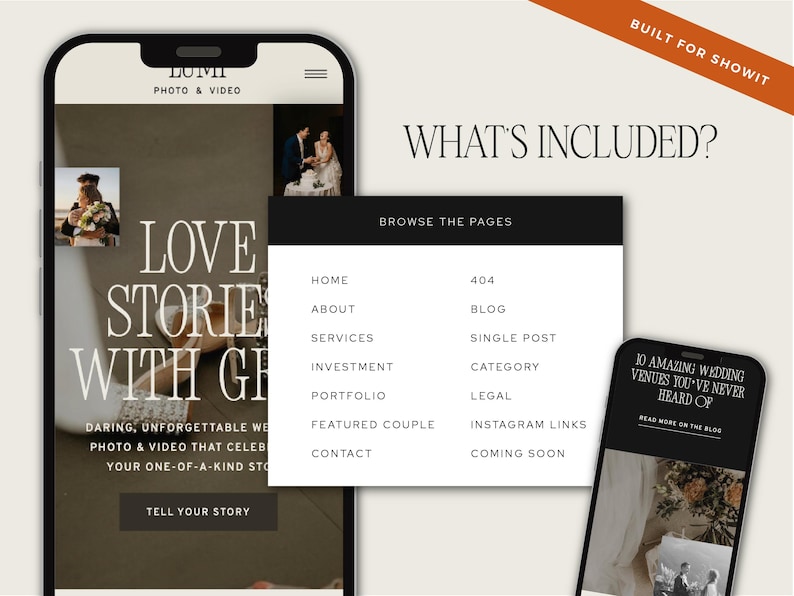 Bold modern Showit website template for elopement photographers and wedding photographers