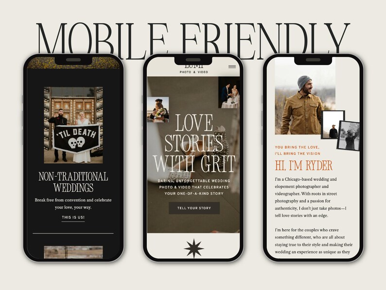 Bold modern Showit website template for elopement photographers and wedding photographers