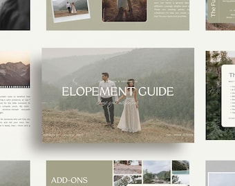 Puede incluir: Una guía de boda con una pareja tomados de la mano en una ladera. El título de la guía es "Elopement Guide" en texto blanco. La imagen está rodeada de otras imágenes y bloques de texto, incluyendo "Add-ons" y "The Full Story."