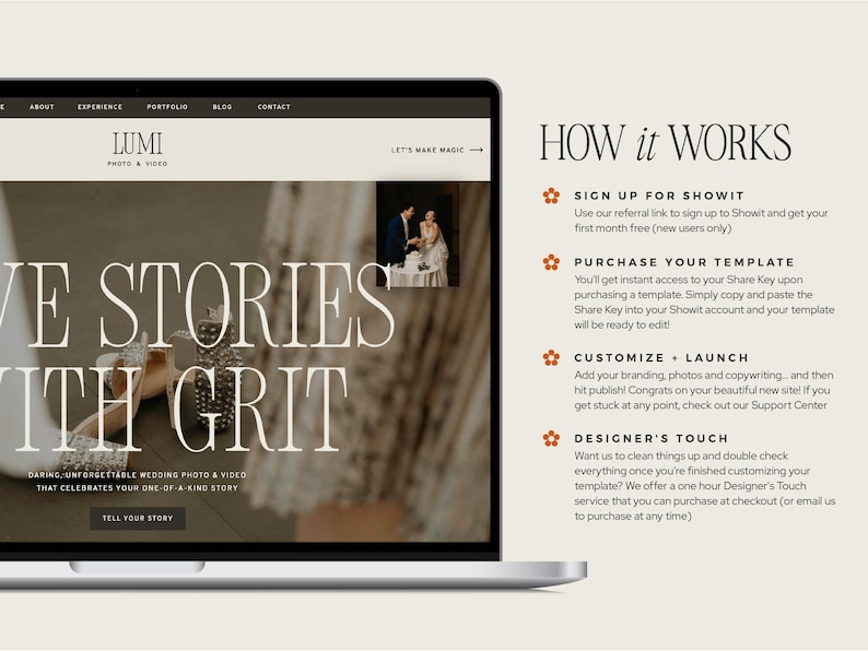Bold modern Showit website template for elopement photographers and wedding photographers