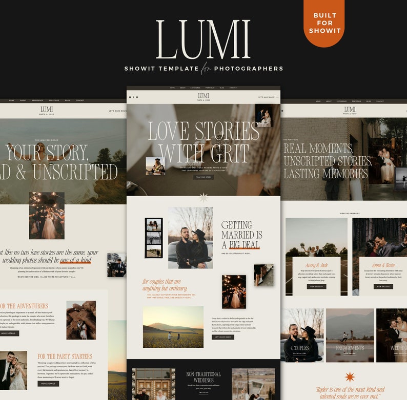 Bold modern Showit website template for elopement photographers and wedding photographers