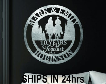 Custom 10 Years Together Couple on Horses Metal Sign, Custom Metal Art, Metal Monogram, Housewarming Gift, Wedding Gift, Anniversary Gift