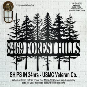 Custom Pine Tree Metal Address Sign – 4 Designs, 5 Colors, 6 Sizes – Rustic Cabin Lodge Plaque, USA Made, Personalized