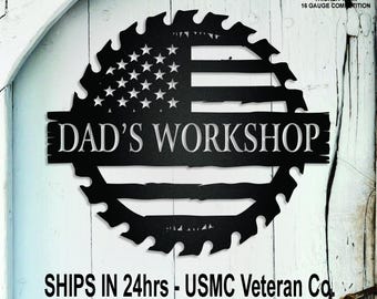 Custom workshop sign, Personalized metal sign for Dad, Father's Day gift, Patriotic USA waving flag, Papa's workshop, Flag sign sawblade