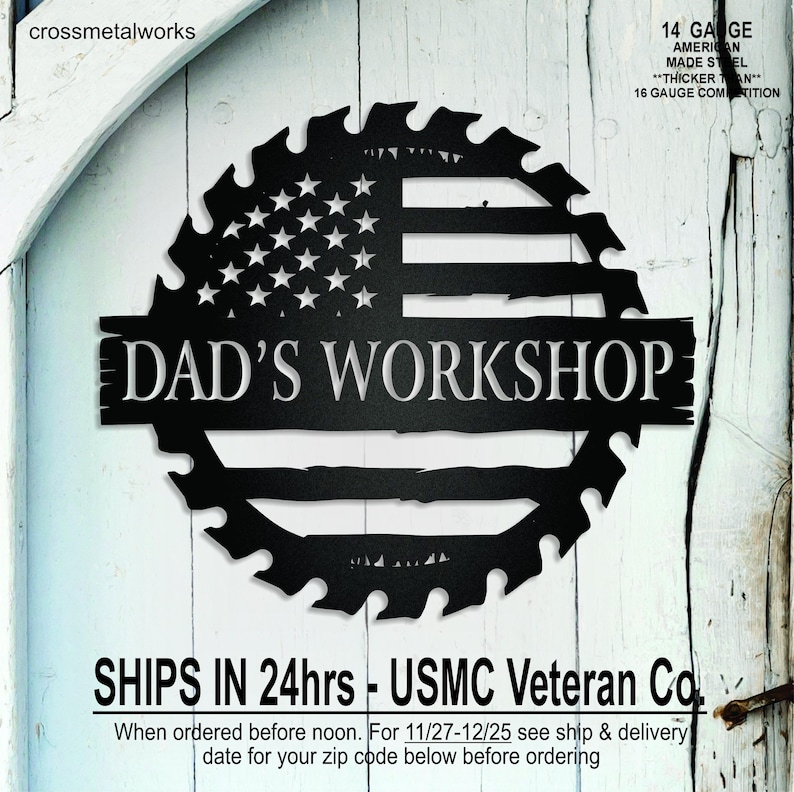 Custom workshop sign, Personalized metal sign for Dad, Father's Day gift, Patriotic USA waving flag, Papa's workshop, Flag sign sawblade, man cave garage sign, dad's birthday Papa sign, personalized man cave, gifts for him, gym sign, name sign custom workshop, personalized metal wall art, mechanic, carpenter, motorcycle, hotrod, signs for guys, custom mens sign, Custom Man Cave sign, men's garage sign, Father's Day, dad's birthday, personalized man cave, workshop, gym sign, mechanic, hotrod sign