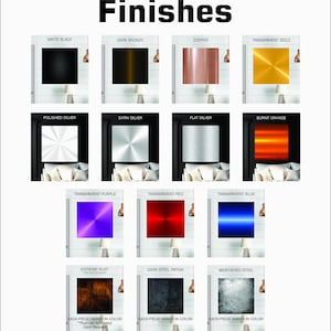 Pode incluir: Um gr&aacute;fico que mostra diferentes acabamentos met&aacute;licos para um produto. Os acabamentos incluem Preto Fosco, Bronze Escuro, Cobre, Ouro Transparente, Prata Polida, Prata Satinado, Prata Lisa, Laranja Queimado, Roxo Transparente, Vermelho Transparente, Azul Transparente, Ferrugem Extrema, Patina de A&ccedil;o Escuro e A&ccedil;o Envelhecido.