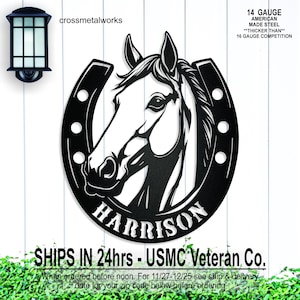 Personalized Horse and Horseshoe Name Sign, Custom Horse Barn Metal Wall Hanging, Ranch, Farmhouse