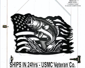 Custom Bass Fish & American Flag Metal Sign, Patriotic Wall Art, Personalized Father's Day Gift, Fisherman, Husband, Dad, Grandpa