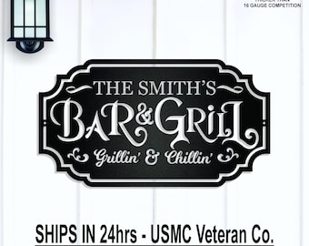 Personalized Bar & Grill Family Name Metal Wall Sign, Backyard, Custom Last Name, Couple's Names, Father's Day Gift, Dad, Grandpa, Husband