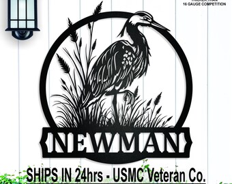 Personalized Blue Heron Metal Monogram Sign: Family Name, Lake, Beach House Decor